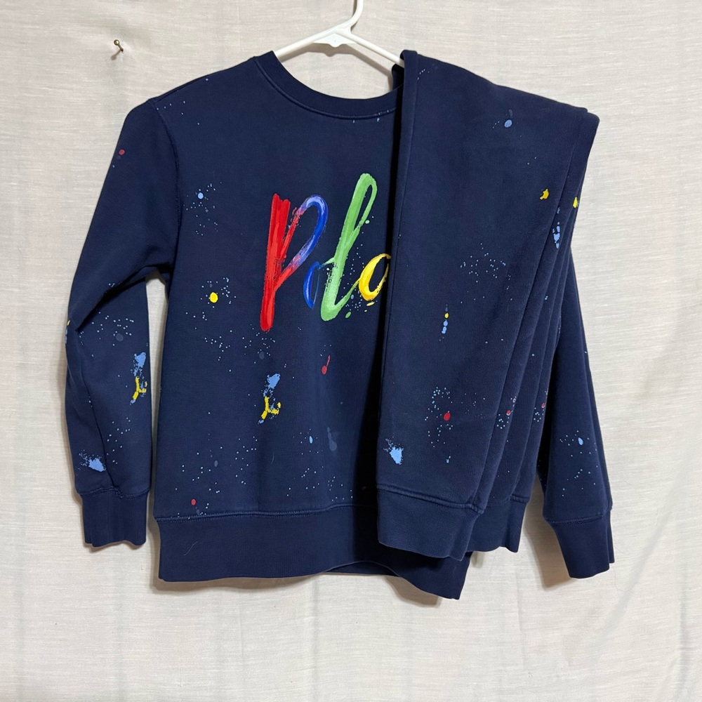 Polo Ralph Lauren Paint Splatter Sweatsuit Set Boys 8 Navy Logo Jogger